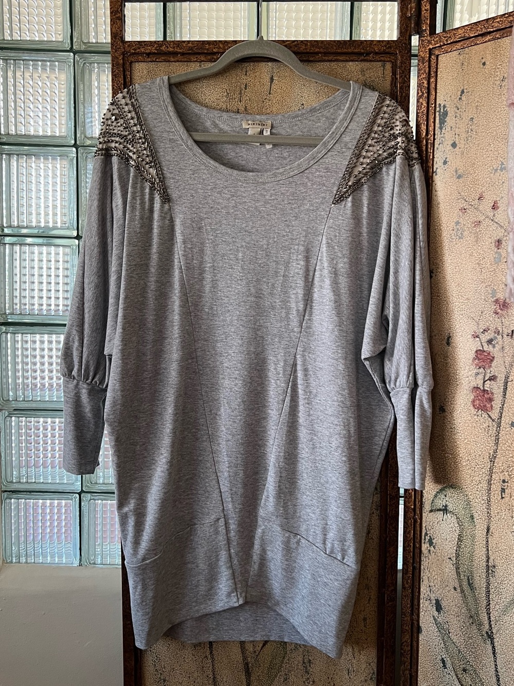 Grey Long Sleeve Dress with Beaded Shoulders